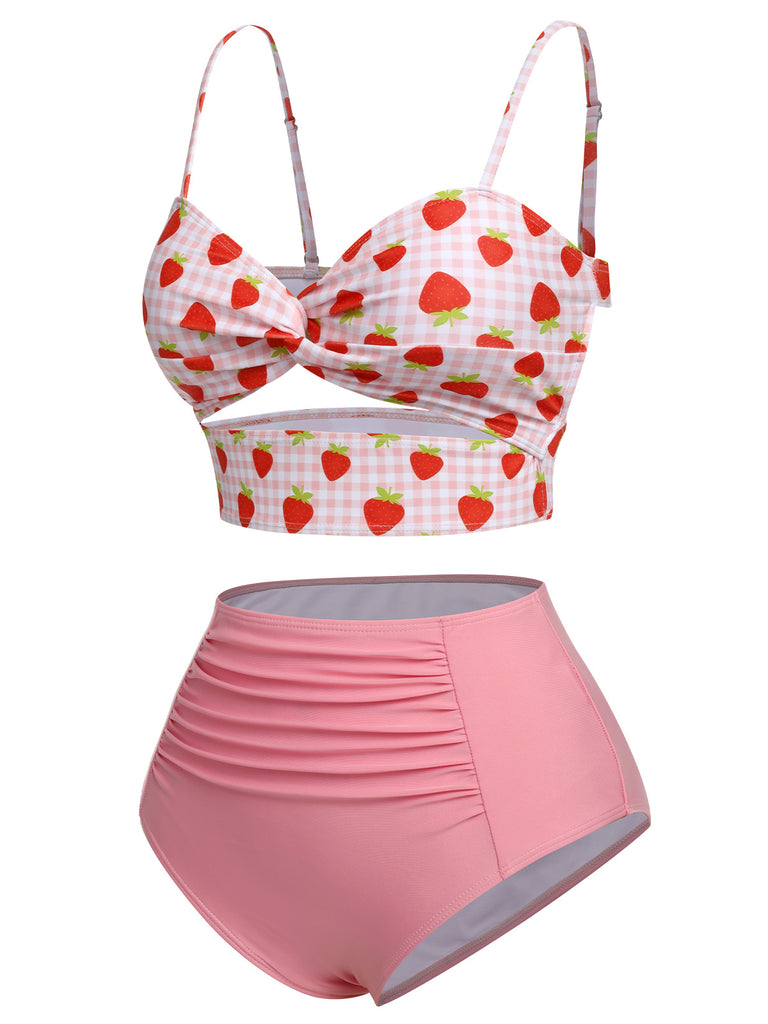 Pink 1960s Strawberry Plaid Halter Swimsuit, vintage swimsuit, pin-up swimwear - perfect for women who love vintage and retro fashion