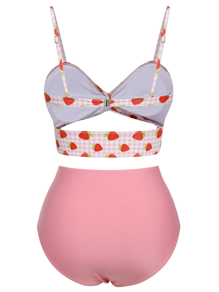 Pink 1960s Strawberry Plaid Halter Swimsuit, vintage swimsuit, pin-up swimwear - perfect for women who love vintage and retro fashion