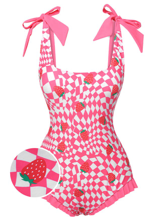 Pink 1960s Strawberry Plaid One-Piece Swimsuit, vintage swimsuit, pin-up swimwear - perfect for women who love vintage and retro fashion