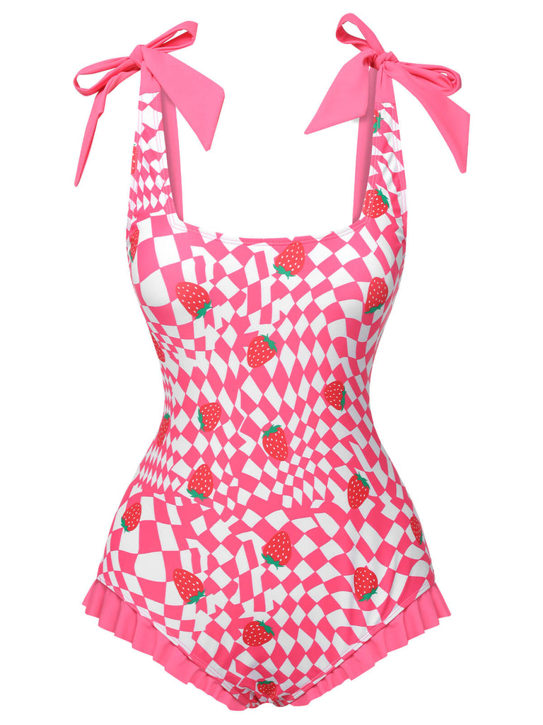 Pink 1960s Strawberry Plaid One-Piece Swimsuit, vintage swimsuit, pin-up swimwear - perfect for women who love vintage and retro fashion
