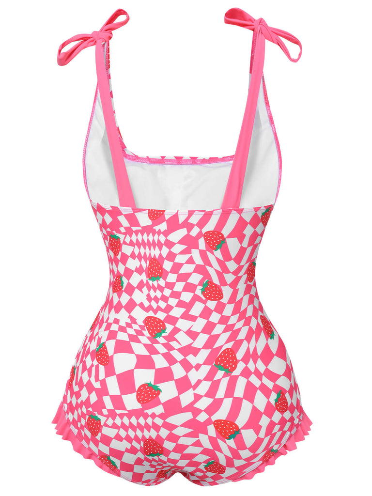 Pink 1960s Strawberry Plaid One-Piece Swimsuit, vintage swimsuit, pin-up swimwear - perfect for women who love vintage and retro fashion
