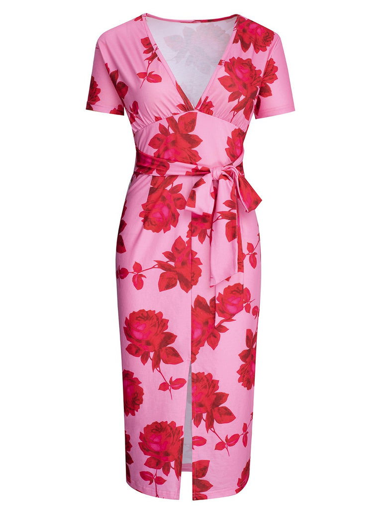 She slips into this Pink 1960s V-Neck Floral Tie Split Dress and suddenly it's a 1960s daydream