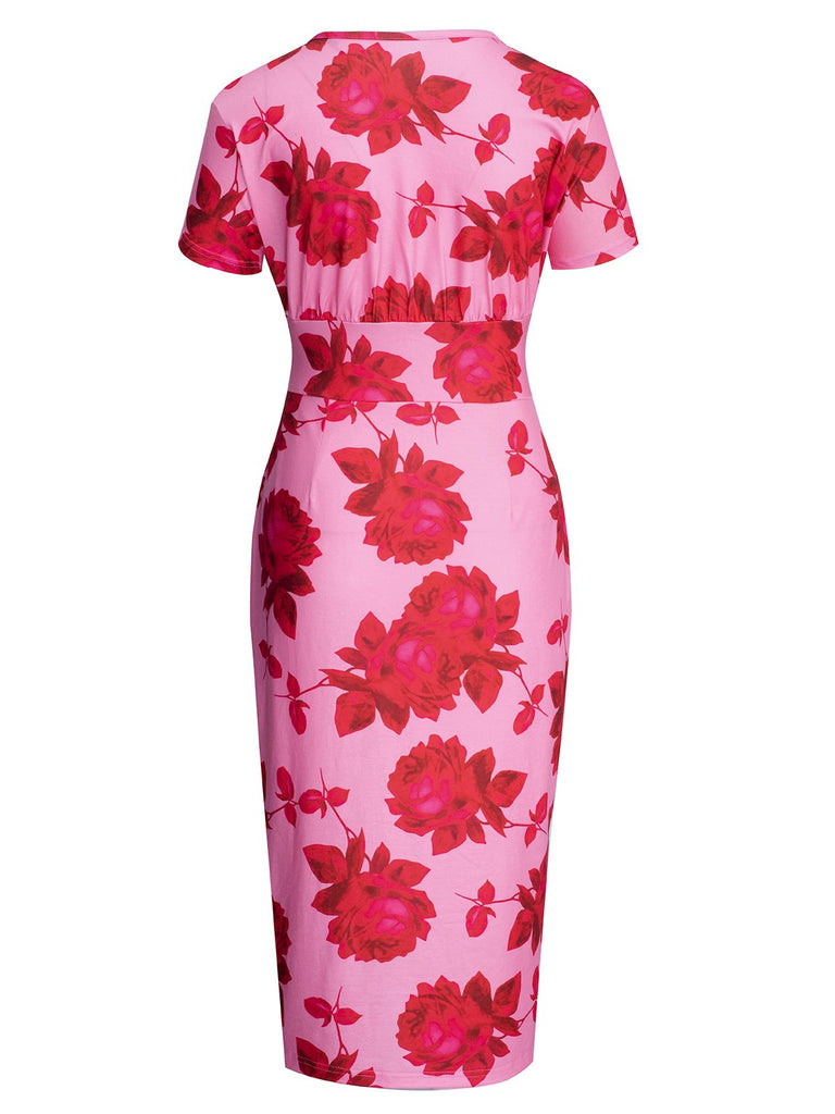 This Pink 1960s V-Neck Floral Tie Split Dress wraps her in 1960s elegance, one twirl at a time