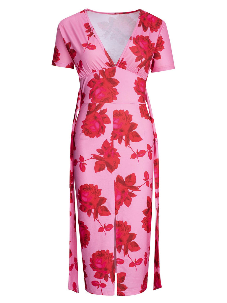 Pink 1960s V-Neck Floral Tie Split Dress — the kind of 1960s dress that makes strangers smile