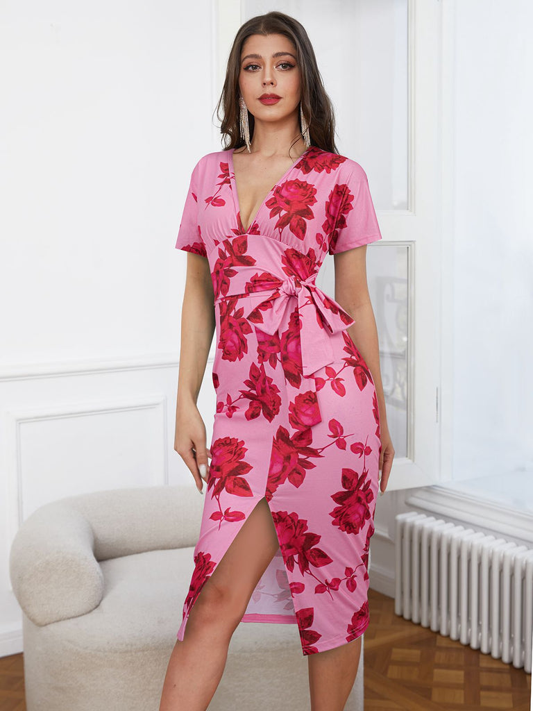 Pink 1960s V-Neck Floral Tie Split Dress — a 1960s silhouette that turns sidewalks into runways