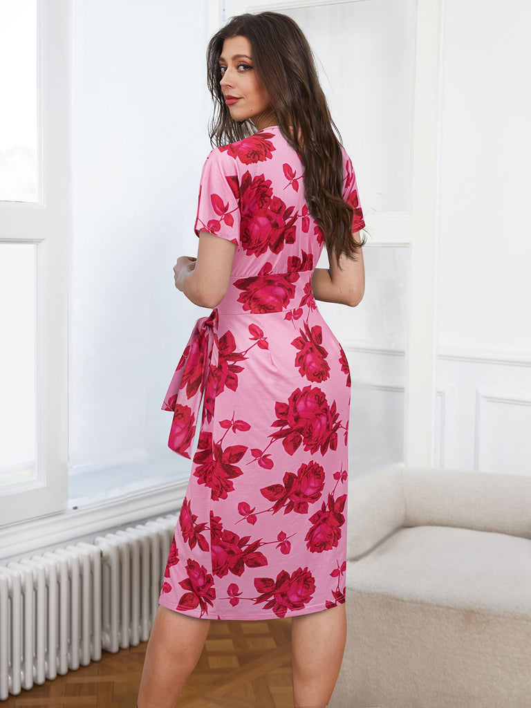Pink 1960s V-Neck Floral Tie Split Dress: where 1960s romance meets her modern spirit
