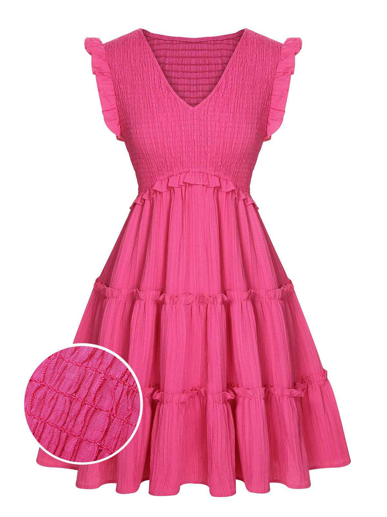 Pink 1960s V-Neck Pleated Ruffles Solid Dress: timeless style reimagined
