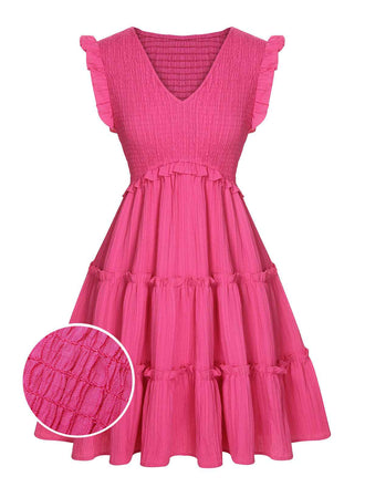 Pink 1960s V-Neck Pleated Ruffles Solid Dress: timeless style reimagined