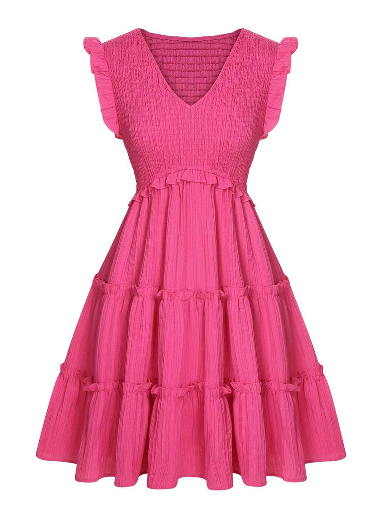 Pink 1960s V-Neck Pleated Ruffles Solid Dress — vintage elegance for the modern woman