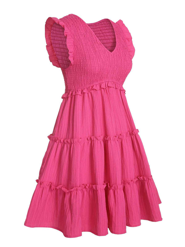 Pink 1960s V-Neck Pleated Ruffles Solid Dress: timeless style reimagined
