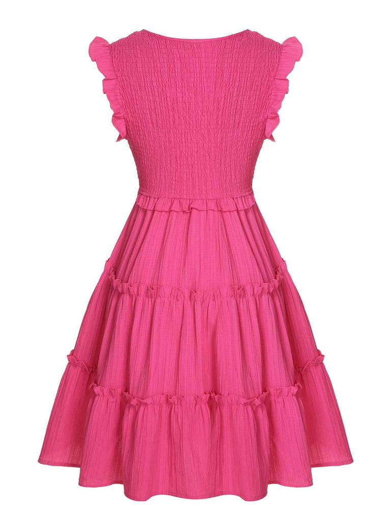 Pink 1960s V-Neck Pleated Ruffles Solid Dress — vintage elegance for the modern woman