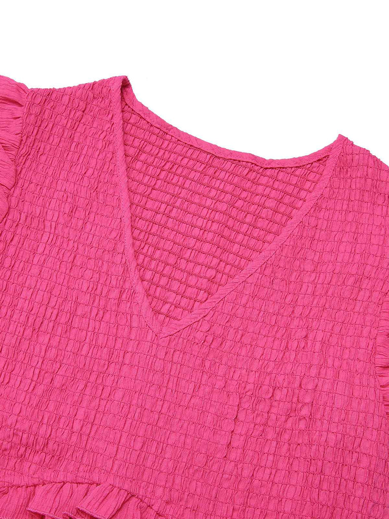 Pink 1960s V-Neck Pleated Ruffles Solid Dress: timeless style reimagined