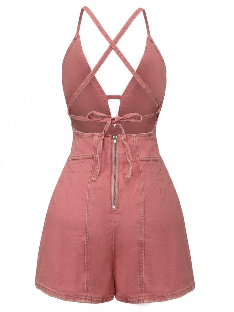 Pink 1960s V-Neck Strap Denim Romper - vintage jumpsuit, retro fashion