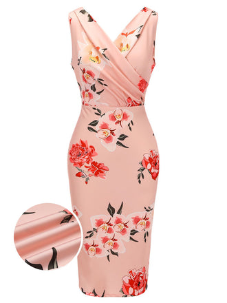 Pink 1960s V-neck Wrap Floral Pencil Dress, vintage dress, retro fashion, floral print - perfect for women who love vintage and retro fashion