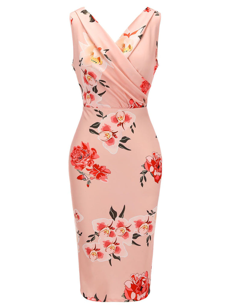 Pink 1960s V-neck Wrap Floral Pencil Dress, vintage dress, retro fashion, floral print - perfect for women who love vintage and retro fashion