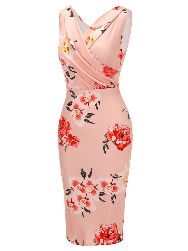 Pink 1960s V-neck Wrap Floral Pencil Dress, vintage dress, retro fashion, floral print - perfect for women who love vintage and retro fashion