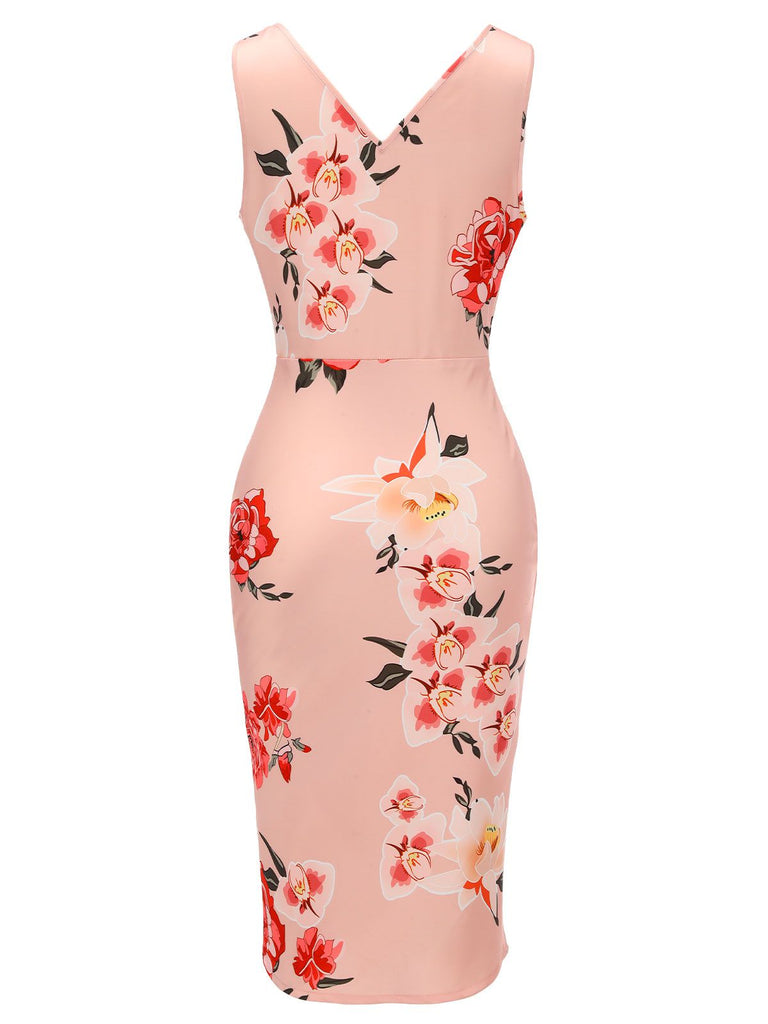 Pink 1960s V-neck Wrap Floral Pencil Dress, vintage dress, retro fashion, floral print - perfect for women who love vintage and retro fashion