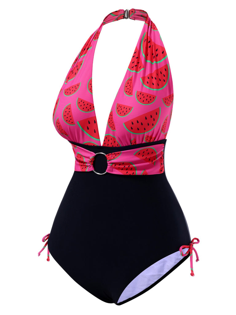Pink 1960s Watermelon Deep V Halter Swimsuit, vintage swimsuit, pin-up swimwear - perfect for women who love vintage and retro fashion