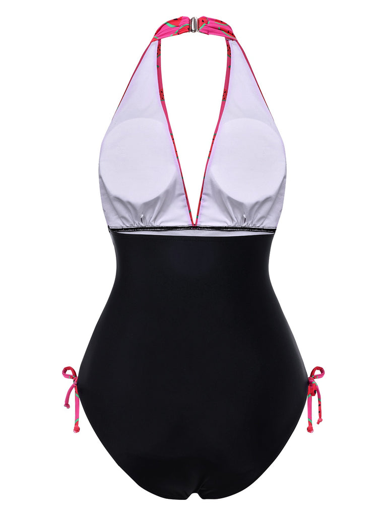 Pink 1960s Watermelon Deep V Halter Swimsuit, vintage swimsuit, pin-up swimwear - perfect for women who love vintage and retro fashion