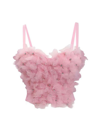 Pink 1970s 3D Floral Rhinestone Crop Top - vintage fashion, retro style