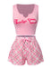 She pairs this Pink 1970s Baby Girl Tank Top & Plaid Shorts Pajamas with confidence and 1970s charm