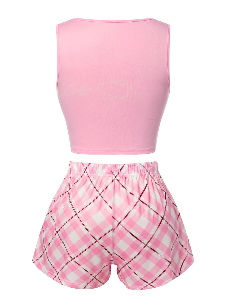 Pink 1970s Baby Girl Tank Top & Plaid Shorts Pajamas, vintage top, retro blouse - perfect for women who love vintage and retro fashion