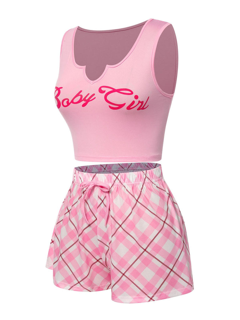 Pink 1970s Baby Girl Tank Top & Plaid Shorts Pajamas, vintage top, retro blouse - perfect for women who love vintage and retro fashion