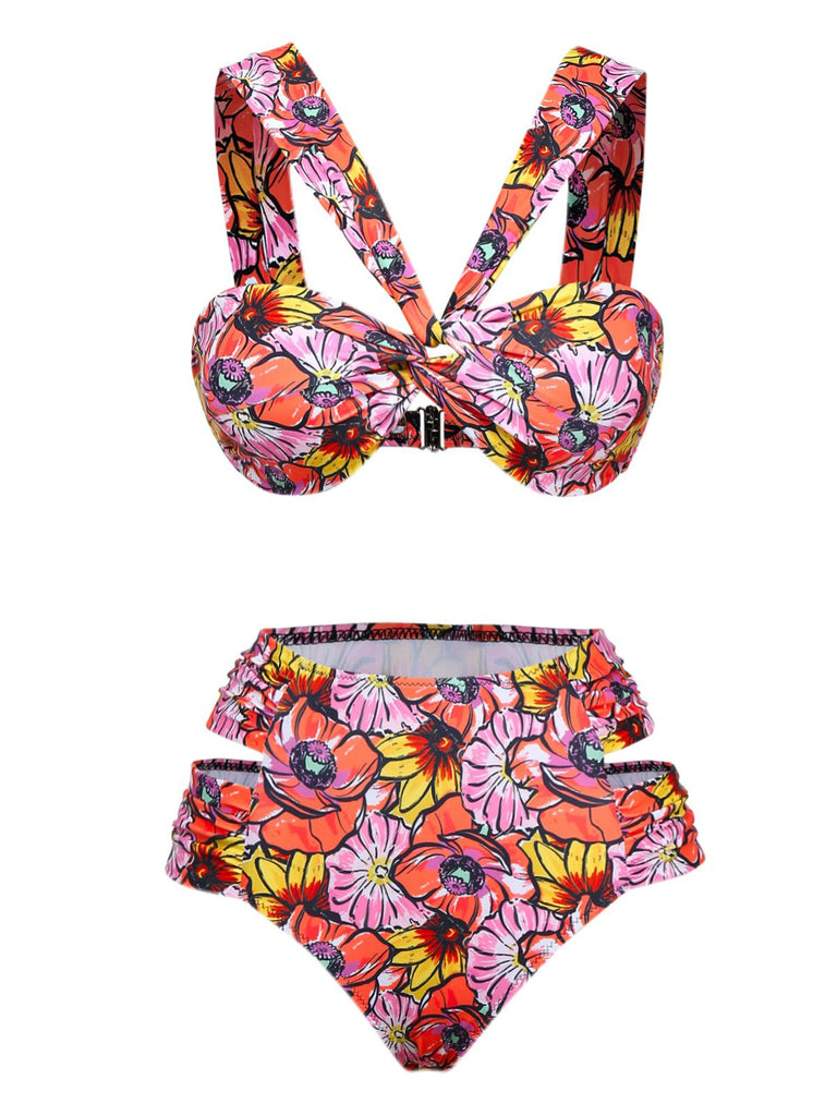 She's wearing Pink 1970s Boho Floral Cross Neck Swimsuit and the whole beach remembers the 1970s