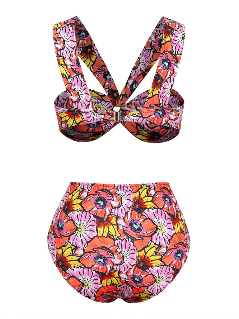 Pink 1970s Boho Floral Cross Neck Swimsuit: 1970s Riviera elegance, reimagined for her