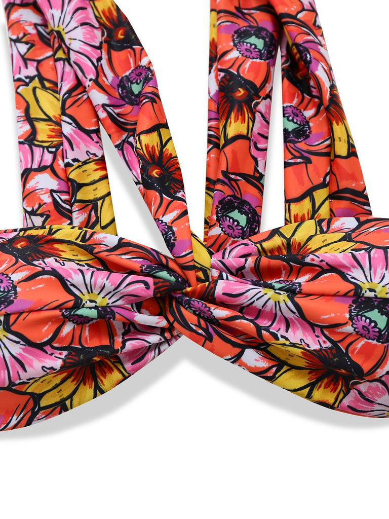 This Pink 1970s Boho Floral Cross Neck Swimsuit carries 1970s vacation dreams in every stitch
