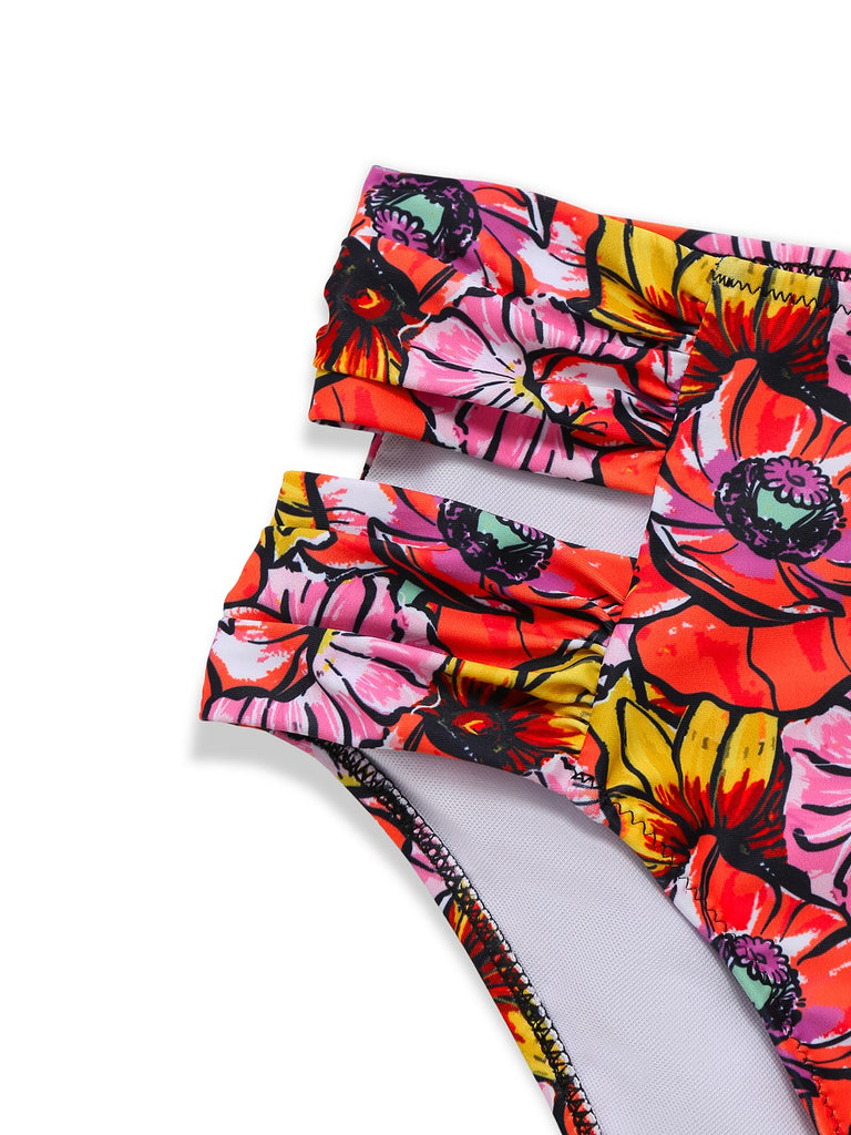 Pink 1970s Boho Floral Cross Neck Swimsuit — 1970s poolside glamour meets sun-drenched confidence
