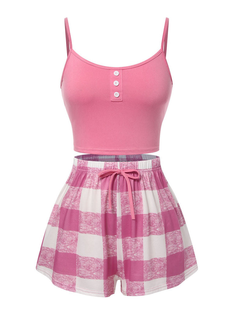 Pink 1970s Camisole Top & Plaid Shorts Pajamas, vintage top, retro blouse - perfect for women who love vintage and retro fashion