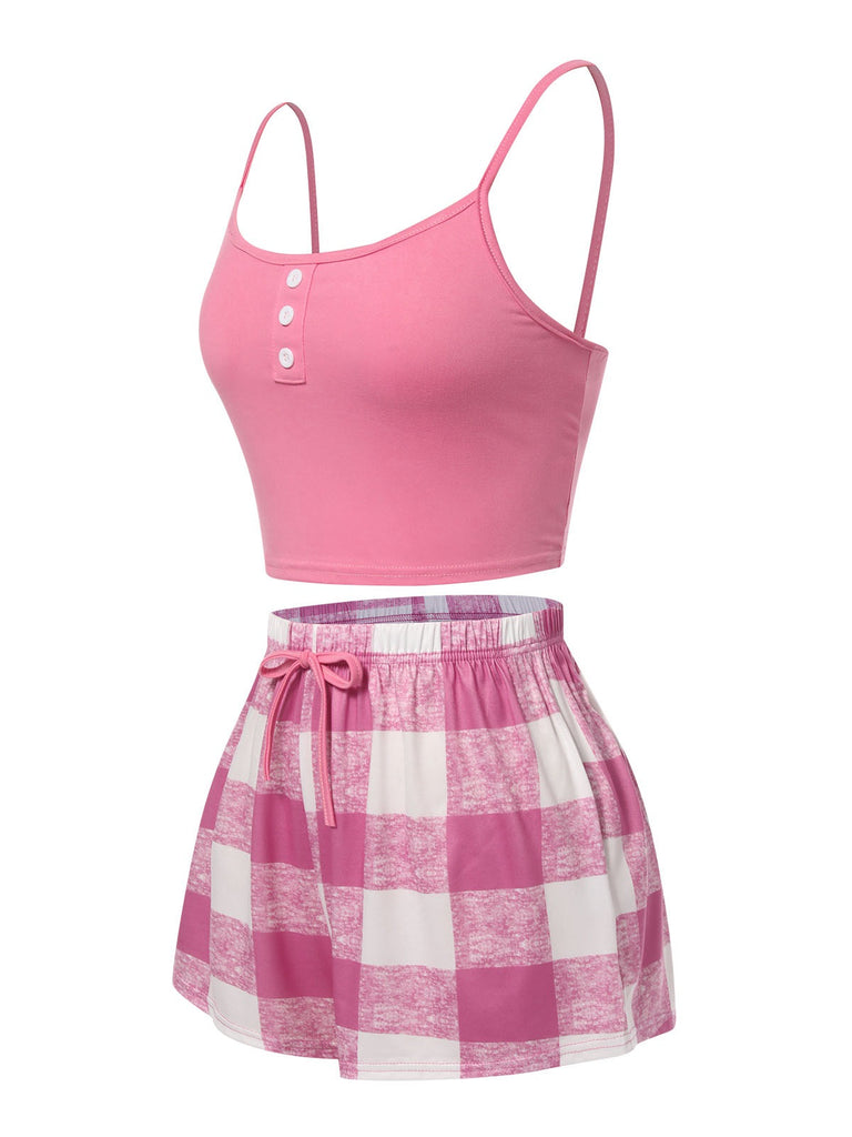 Pink 1970s Camisole Top & Plaid Shorts Pajamas, vintage top, retro blouse - perfect for women who love vintage and retro fashion