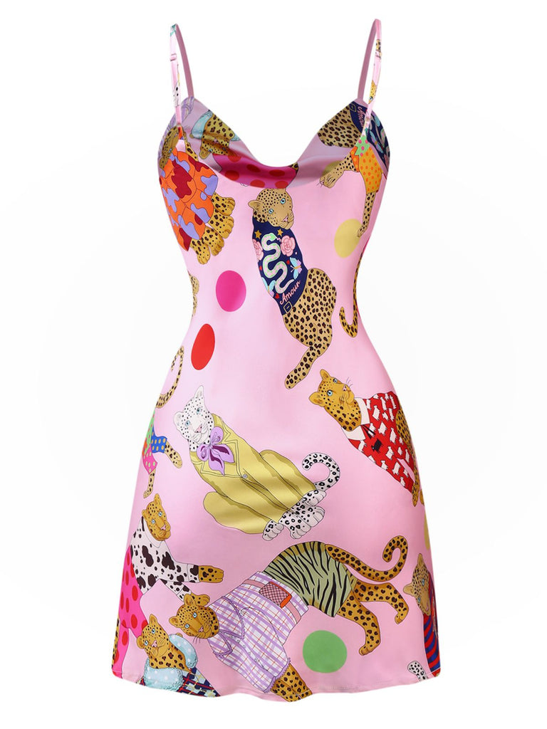 Pink 1970s Cheetah Print Satin Slip Nightdress - vintage dress, retro fashion