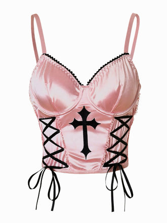 Pink 1970s Cross Gothic Satin Lace-Up Camisole - vintage fashion, retro style