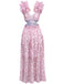 Pink 1970s Deep V-Neck Ruffle Floral Backless Dress - vintage dress, retro fashion