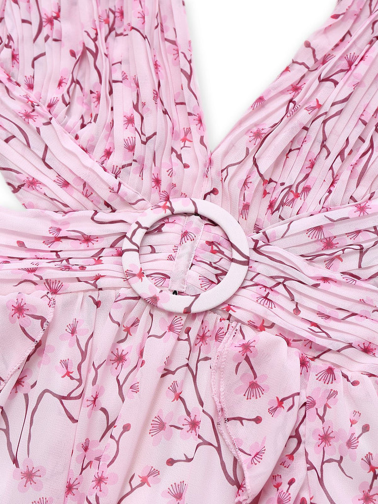 Pink 1970s Deep V-Neck Ruffle Floral Backless Dress - vintage dress, retro fashion