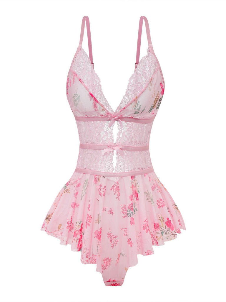 Pink 1970s Floral Lace Sheer Nightgown - vintage nightgown, retro sleepwear