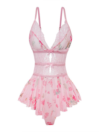 Pink 1970s Floral Lace Sheer Nightgown - vintage nightgown, retro sleepwear