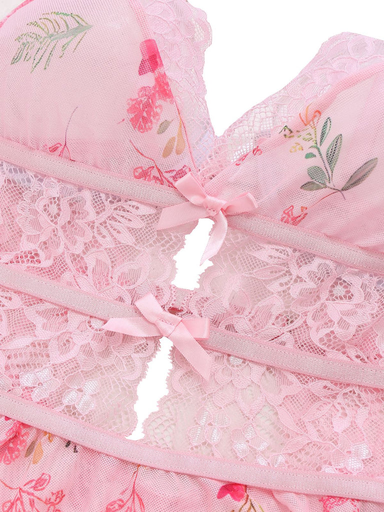 Pink 1970s Floral Lace Sheer Nightgown - vintage nightgown, retro sleepwear