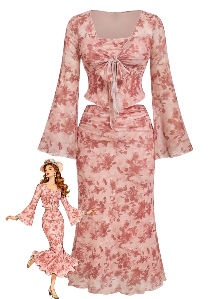 Pink 1930s Floral Square Neck Bell Sleeve 2PCS, vintage fashion, retro style - perfect for women who love vintage and retro fashion