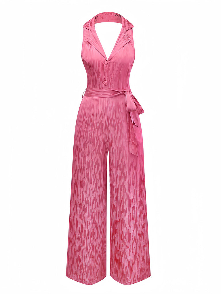 Pink 1970s Halter Lapel Satin Jumpsuit - vintage jumpsuit, retro fashion