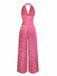 Pink 1970s Halter Lapel Satin Jumpsuit - vintage jumpsuit, retro fashion