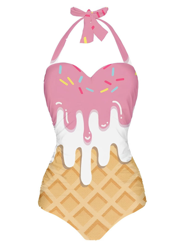 Pink 1970s Ice-Cream Halter Swimsuit - vintage swimwear, retro swimsuit, pin-up style for vintage lovers