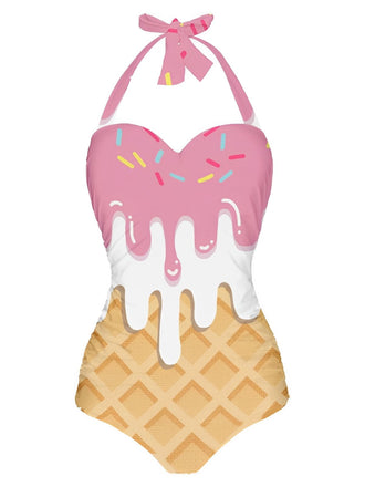 Pink 1970s Ice-Cream Halter Swimsuit - vintage swimwear, retro swimsuit, pin-up style for vintage lovers