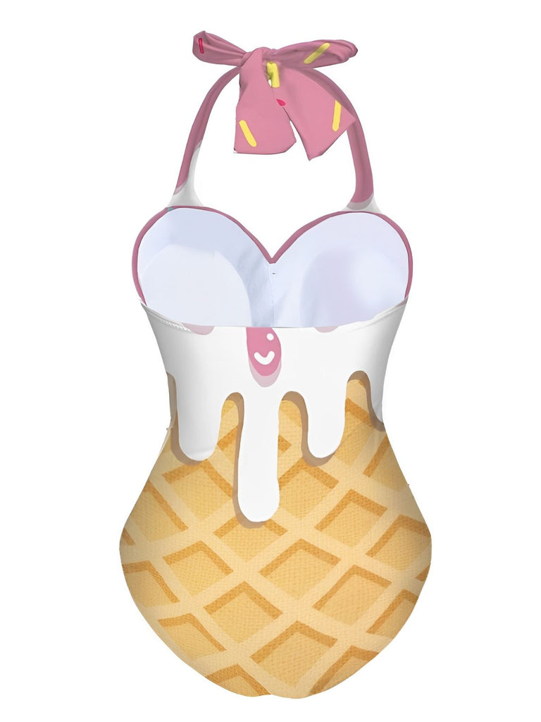 Pink 1970s Ice-Cream Halter Swimsuit: beautiful vintage swimwear, retro swimsuit, pin-up style with timeless appeal
