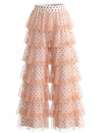 Pink 1970s Polka Dot Tulle Tiered Ruffle Pants - vintage fashion, retro style, classic elegance for vintage lovers