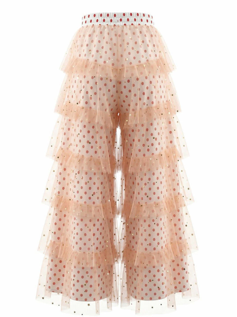 Pink 1970s Polka Dot Tulle Tiered Ruffle Pants: beautiful vintage fashion, retro style, classic elegance with timeless appeal
