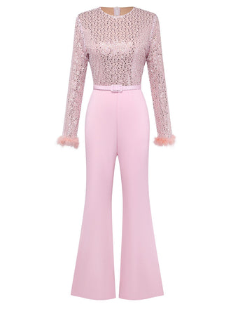Pink 1970s Sequin Feather -Sleeve Wide-Leg Jumpsuit - vintage jumpsuit, retro fashion