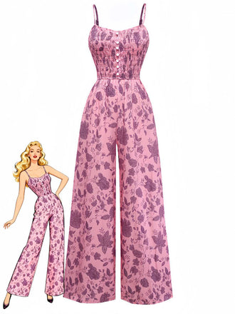 Pink 1970s Spaghetti Strap Floral Smocked Jumpsuit - vintage jumpsuit, retro fashion